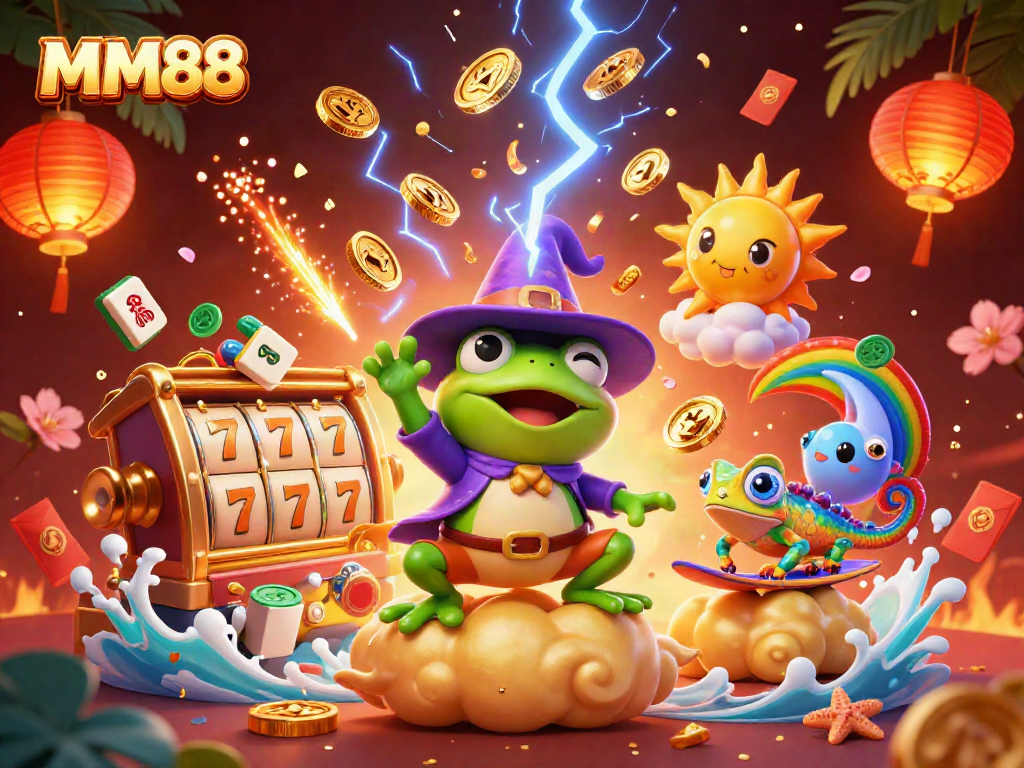Experience the magic of MM88 with vibrant casino-themed fantasy art showcasing a storm of golden coins.