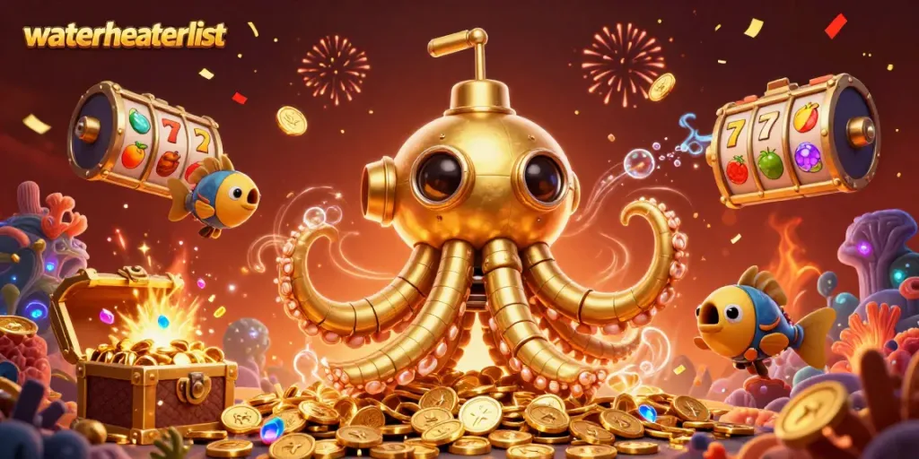 Join the adventure of waterheaterlist's 3D kraken submarine amidst a lively casino scene of golden coins and slot reels.