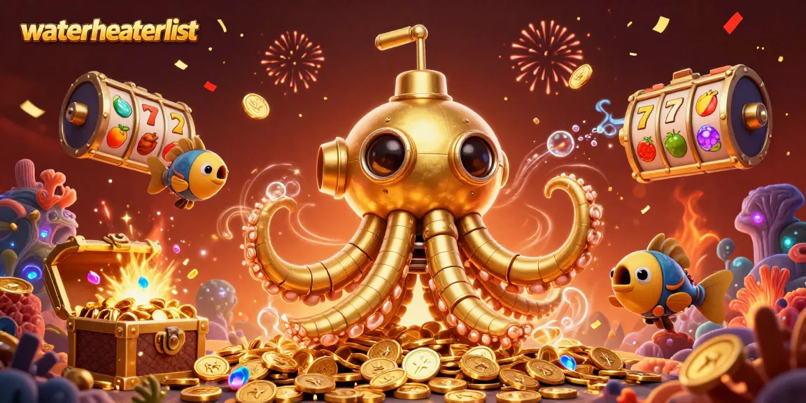 Join the adventure of waterheaterlist's 3D kraken submarine amidst a lively casino scene of golden coins and slot reels.