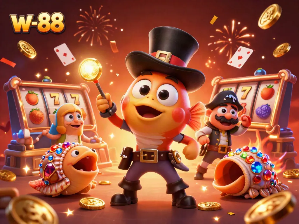 Experience exciting spins and wins with w-88 in this vibrant casino-themed illustration featuring playful characters.
