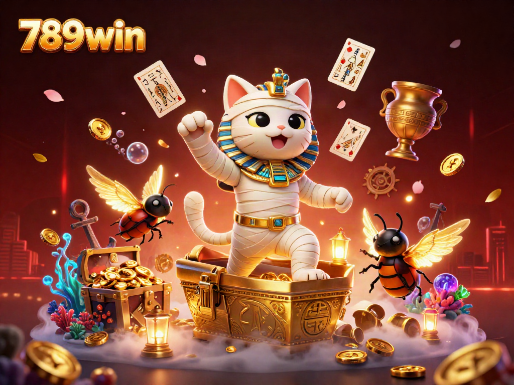 Experience the vibrant and dynamic world of 789win casino with a 3D mummy cat bursting from a pyramid.