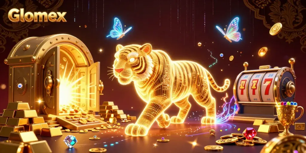 Engage with Glomex in a vibrant casino scene filled with treasures and elements of big wins.