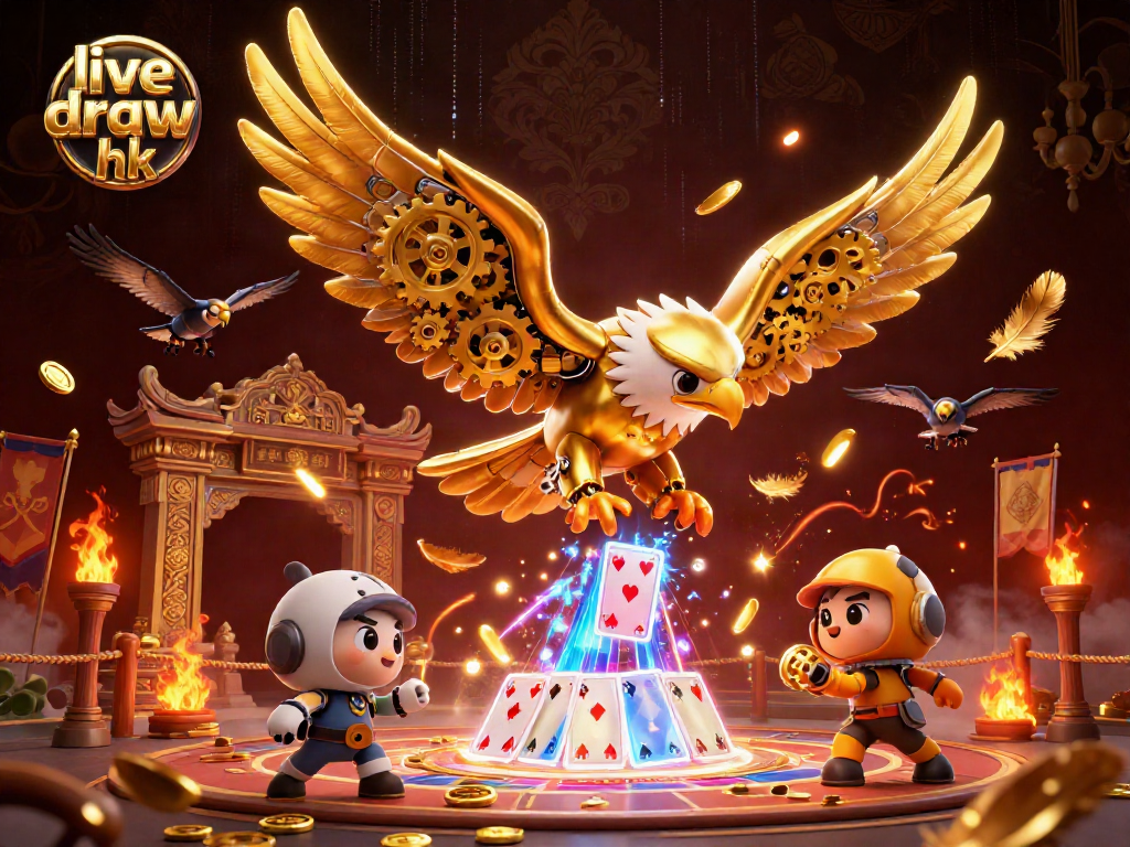 Experience live draw hk with a vibrant 3D illustration of a golden eagle amidst casino elements.