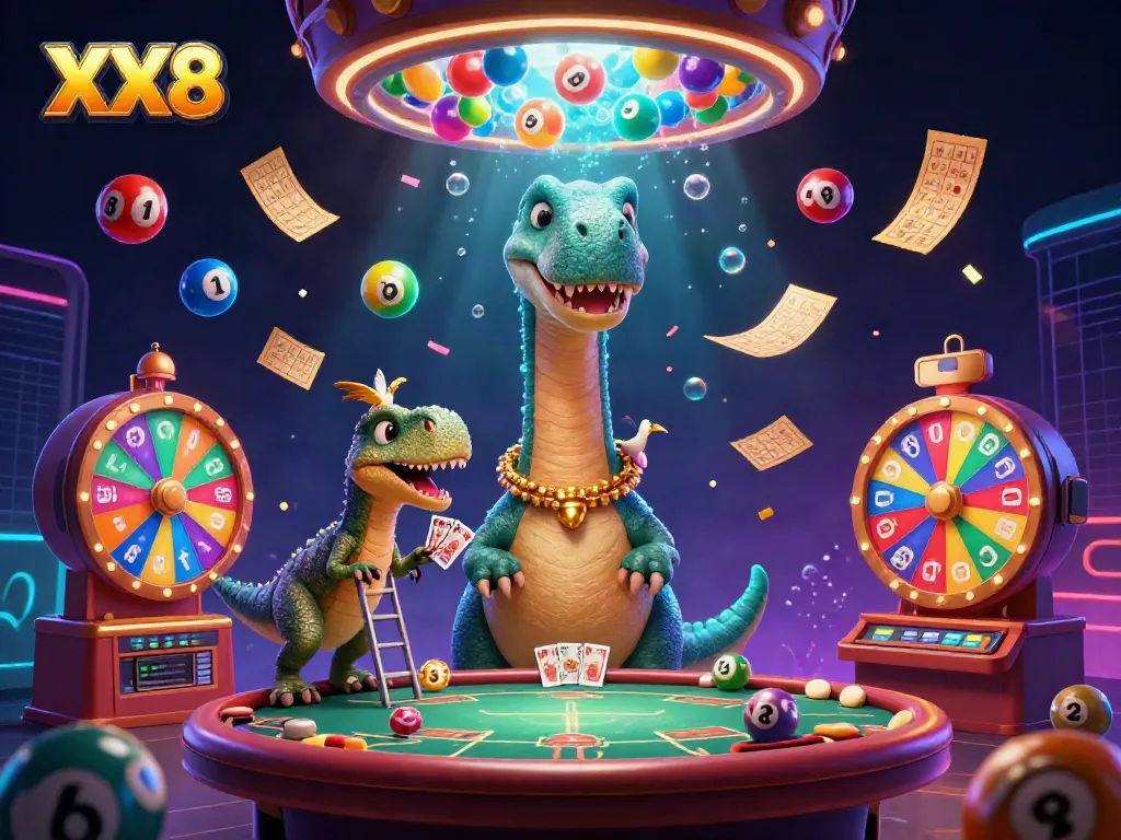Experience the exciting world of gambling with the dynamic XX8-themed casino scene featuring a brontosaurus and other characters.