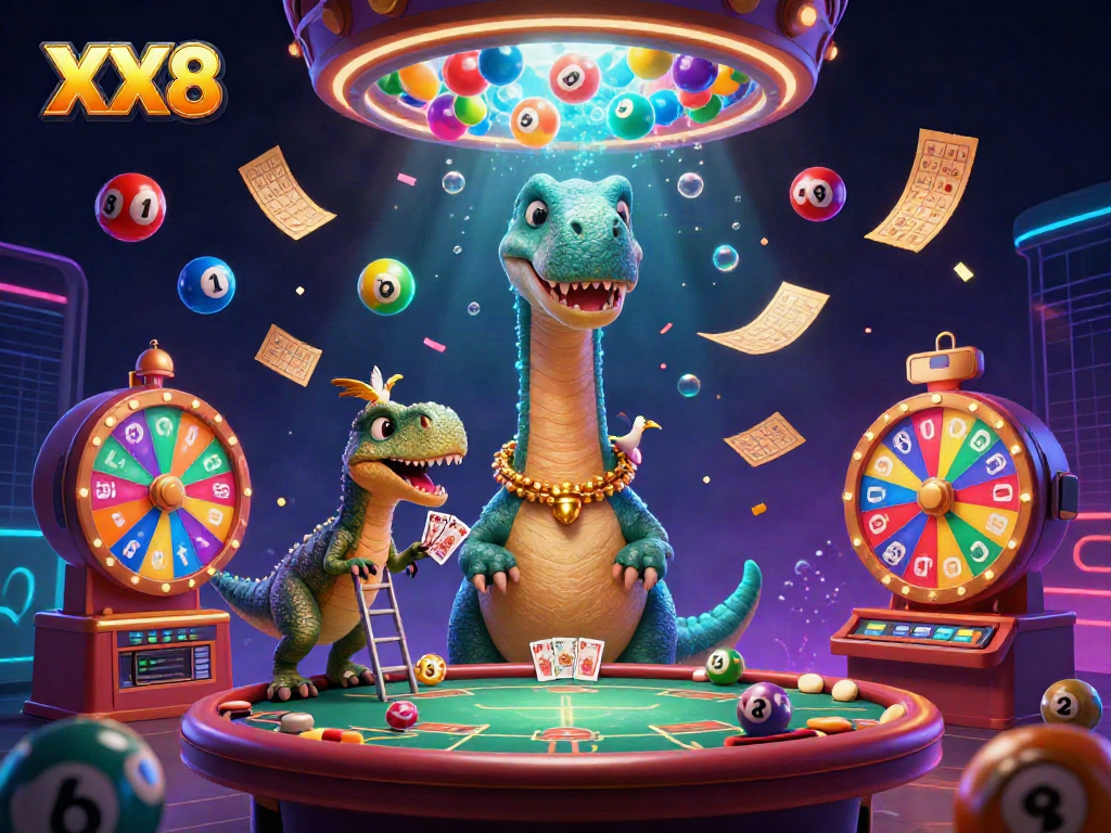 Experience the exciting world of gambling with the dynamic XX8-themed casino scene featuring a brontosaurus and other characters.