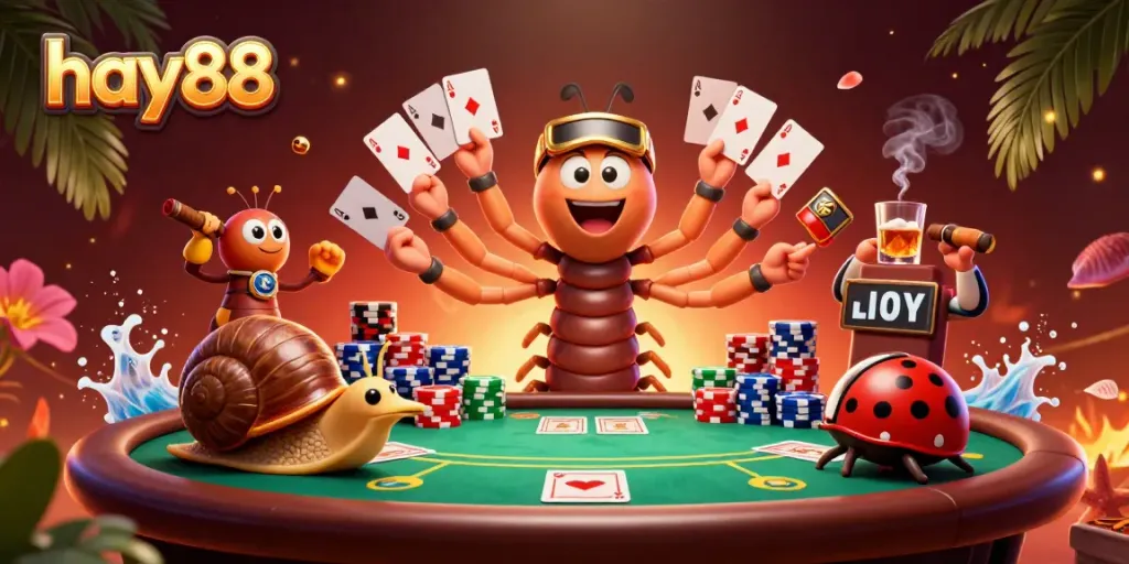 Experience the thrill of poker at hay88 with a lively 3D illustration of characters and casino elements.