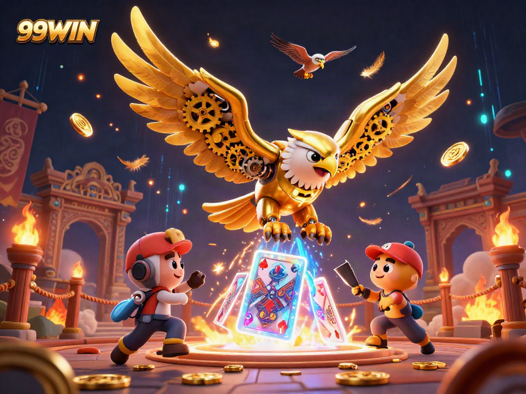 Experience the thrill of 99WIN with a dynamic 3D illustration showcasing a cybernetic eagle amidst holographic casino elements.