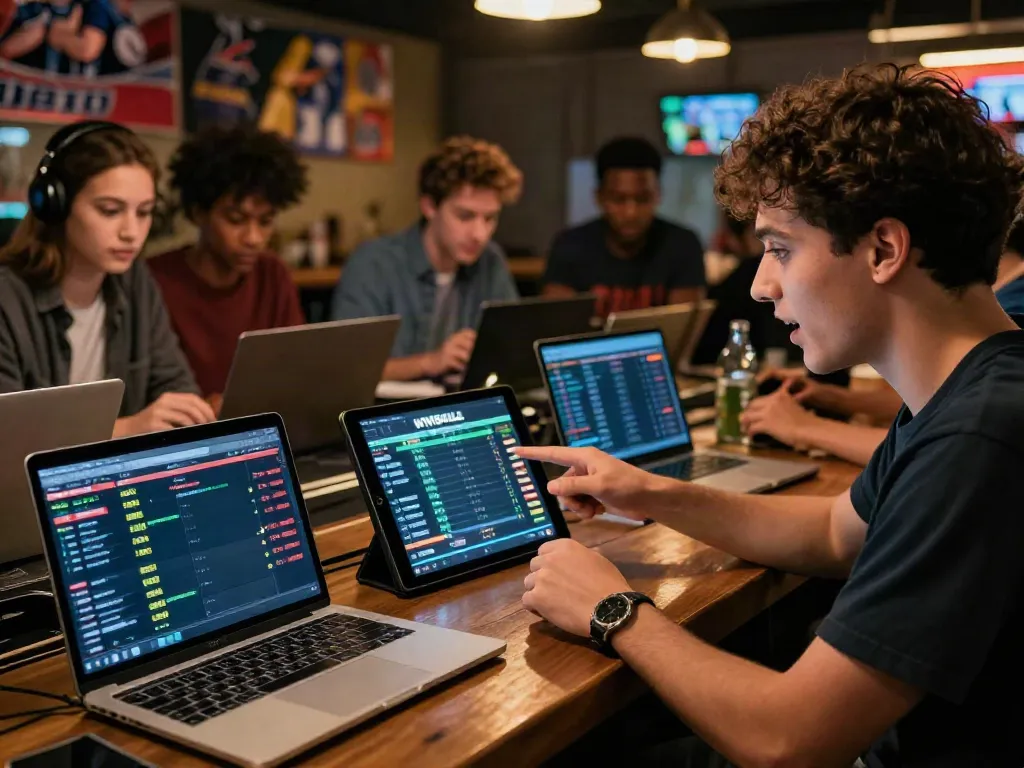 WWBOLA betting scene with sports fans analyzing live match odds on tablets and laptops.