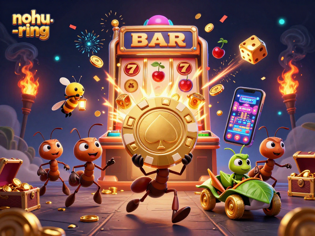 Nohu-ring showcases ants and grasshopper in a vibrant casino heist scene.