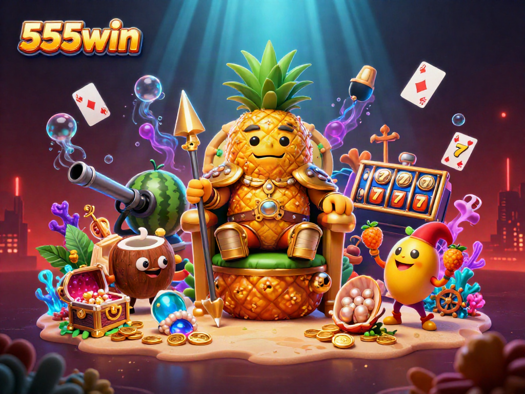 Experience the ultimate casino adventure with 555win, featuring colorful characters and casino elements.