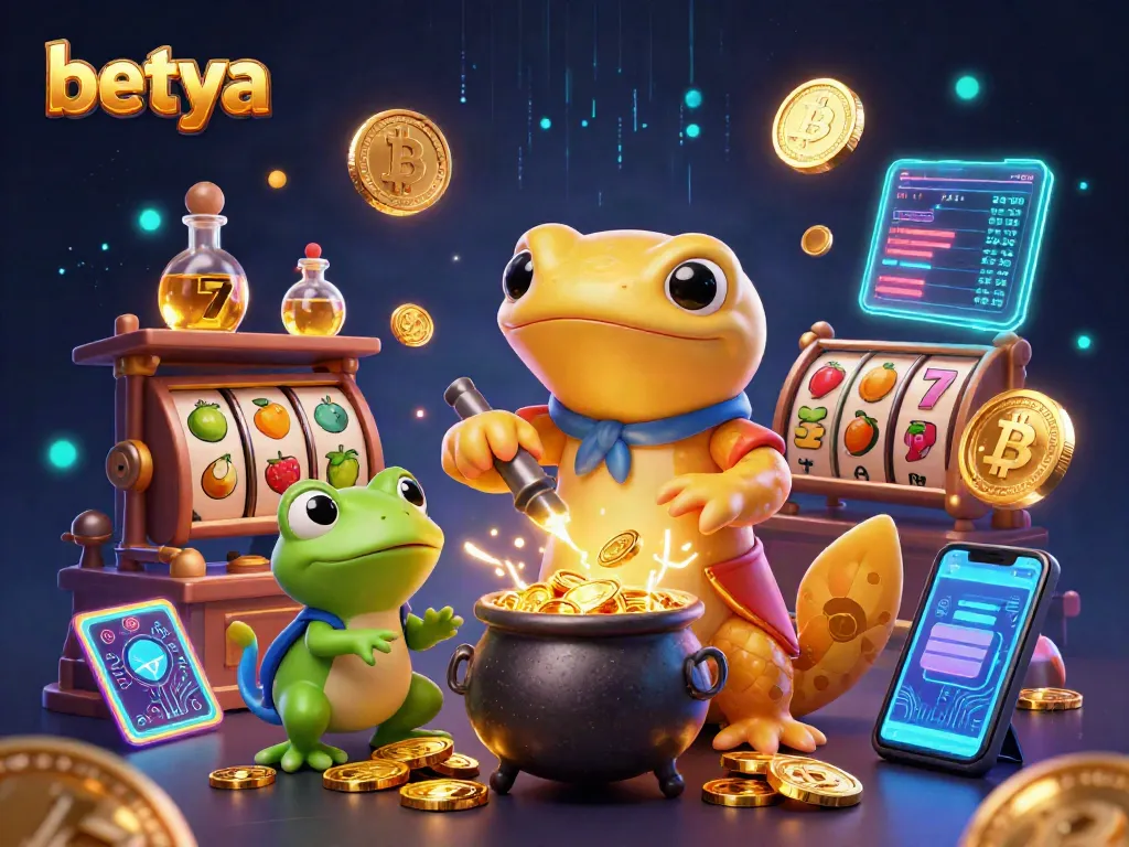 Experience the magical world of betya with a vibrant 3D casino scene featuring alchemists and slot reels.