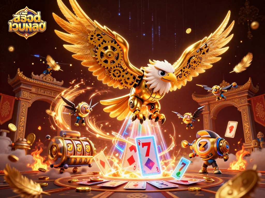 Engage with สล็อตเว็บตรง through an exciting 3D illustration of a golden eagle amidst slot machine elements, captivating balance of action and design.