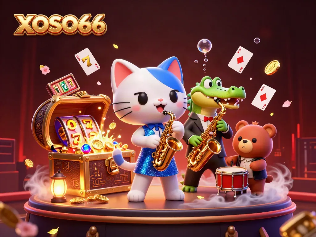 XOSO66 brings excitement to life with a lively casino stage scene featuring an animated cat, crocodile, and bear.