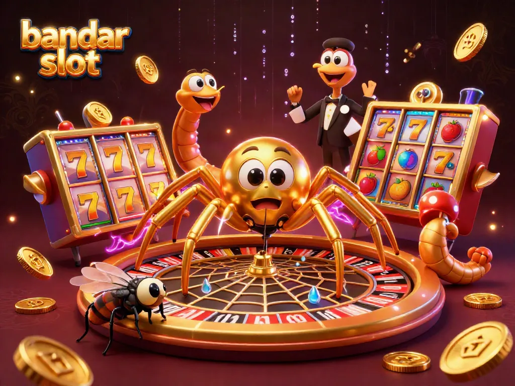 Simak bandar slot dengan ilustrasi 3D yang menggambarkan laba-laba emas dan croupier centipede dalam permainan slot.