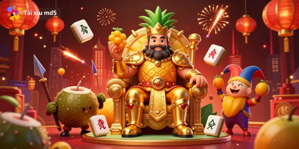 Experience the excitement of Tài xỉu md5 with a vivid casino illustration featuring a golden pineapple king and dynamic gaming elements.