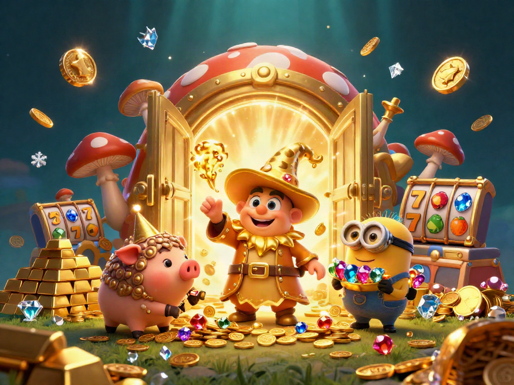 GO88 players hit the jackpot surrounded by golden treasures and 3D cartoon magic.