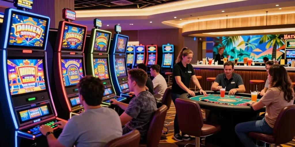 Erfreuliche Spielatmosphäre im Verde Casino mit bunten Spielautomaten und freundlichem Dealer.