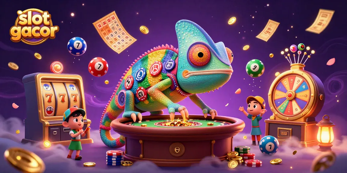 Experience the thrill of slot gacor with vibrant dynamic casino elements and a colorful chameleon.