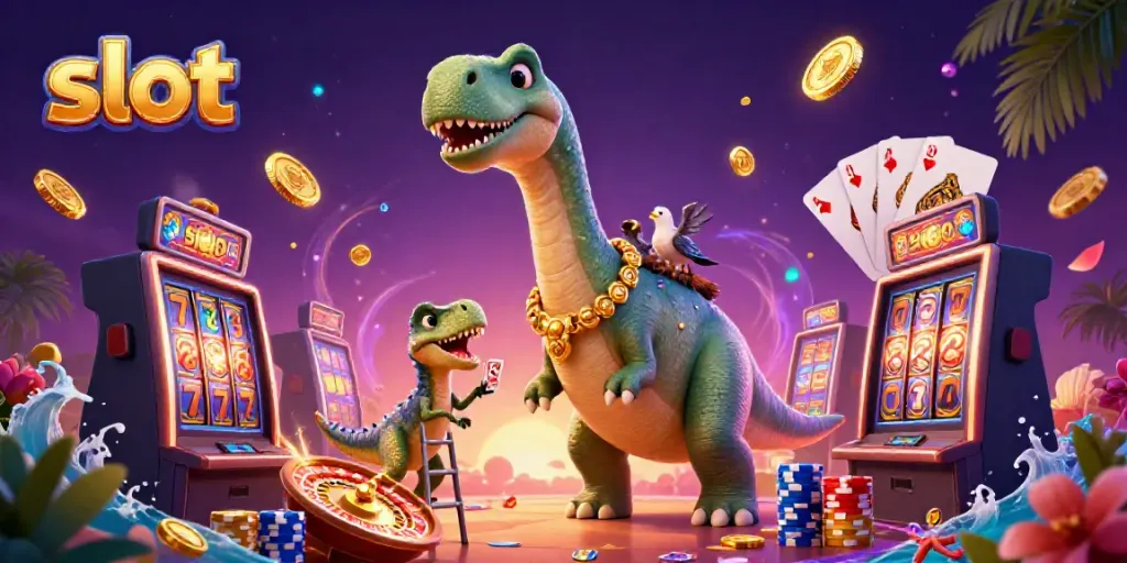 Slot yang mengasyikkan dengan gambar brontosaurus dan raptor bermain kartu dan mesin slot, kasino penuh warna.