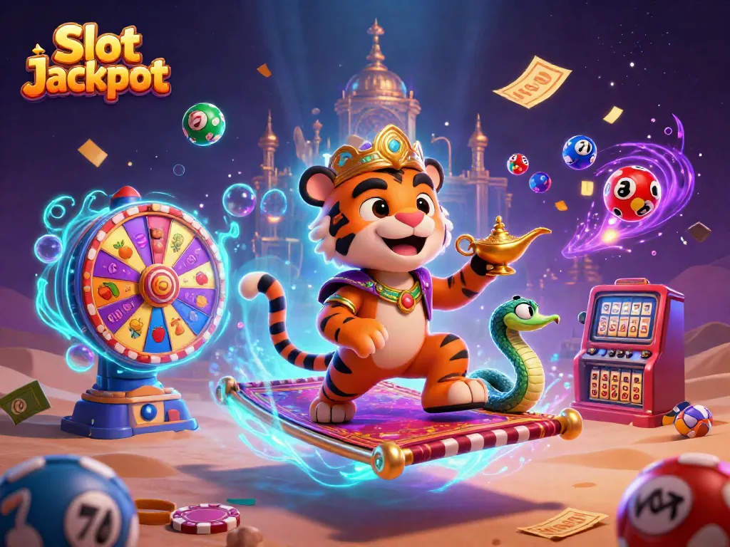 Engage with Slot Jackpot as a tiger sultan on a flying carpet spins vibrant reels in a magical setting.