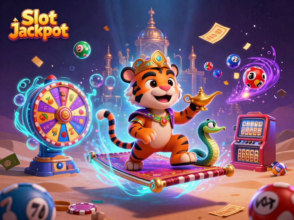 Engage with Slot Jackpot as a tiger sultan on a flying carpet spins vibrant reels in a magical setting.