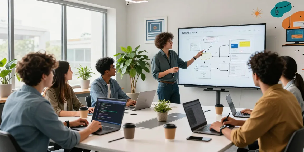Team brainstorming in a tech workspace, showcasing go8 development tools and creativity in action.