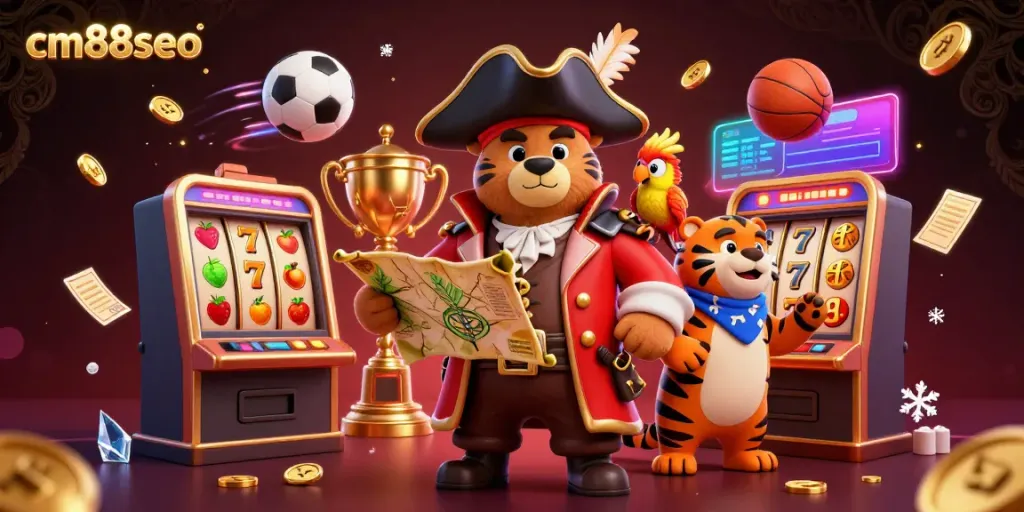 Engage with cm88seo's vibrant casino adventure featuring a pirate bear and tiger amidst slot machines and sports elements.