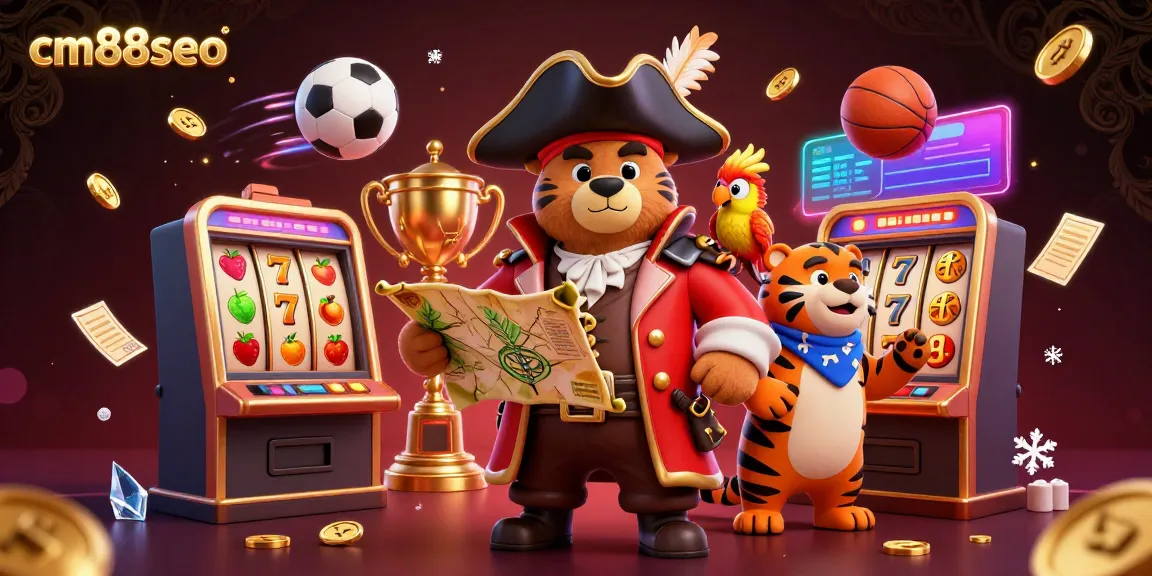 Engage with cm88seo's vibrant casino adventure featuring a pirate bear and tiger amidst slot machines and sports elements.