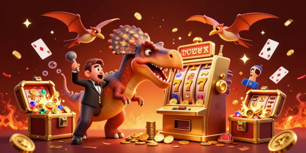 CS2 Casino illustration with cartoon dinosaurs celebrating jackpot wins from a slot machine.