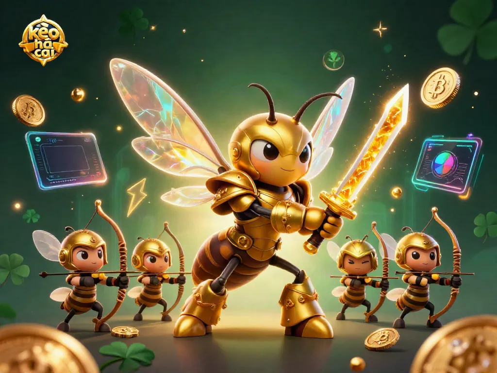 Engage with kèo nhà cái in a vibrant 3D scene featuring a golden hornet warrior with crypto coins, symbolizing dynamic betting opportunities.