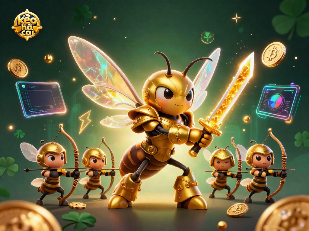 Engage with kèo nhà cái in a vibrant 3D scene featuring a golden hornet warrior with crypto coins, symbolizing dynamic betting opportunities.