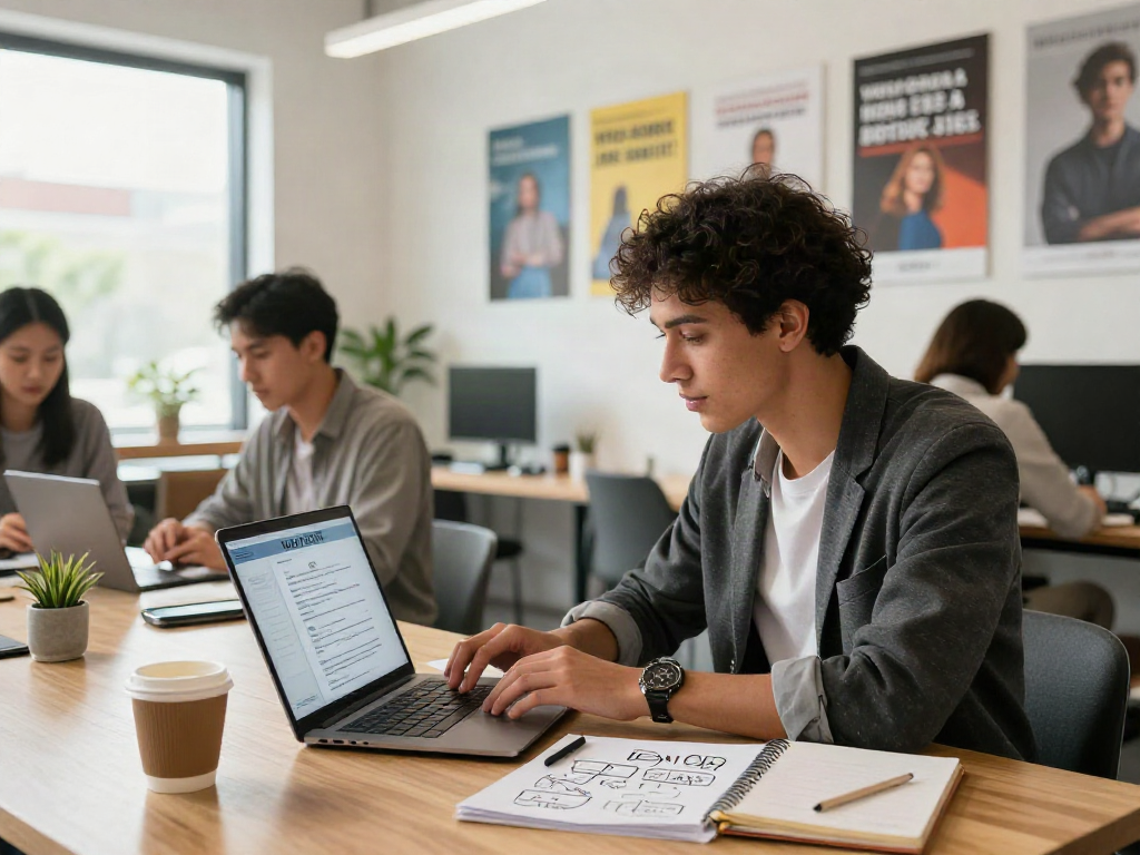 Engaged professional searching for หางาน opportunities in a vibrant co-working space.