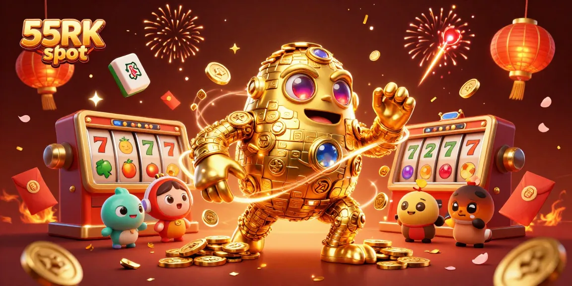 Spin the 55RK slot reels with a vibrant 3D casino celebration illustration.