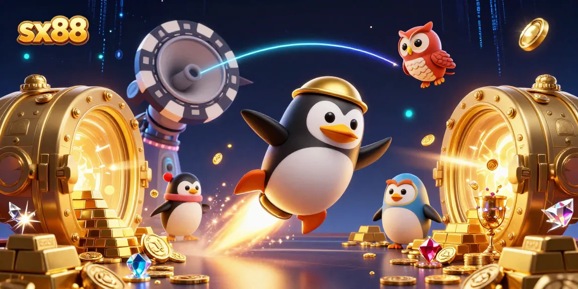 Sx88's exciting cosmic adventure features a golden penguin and dazzling casino elements.