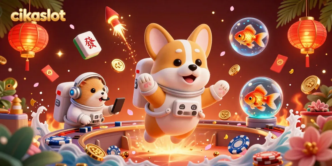 Engage with cikaslot in a rich 3D casino scene showing an astronaut corgi and more amidst vibrant gambling elements.