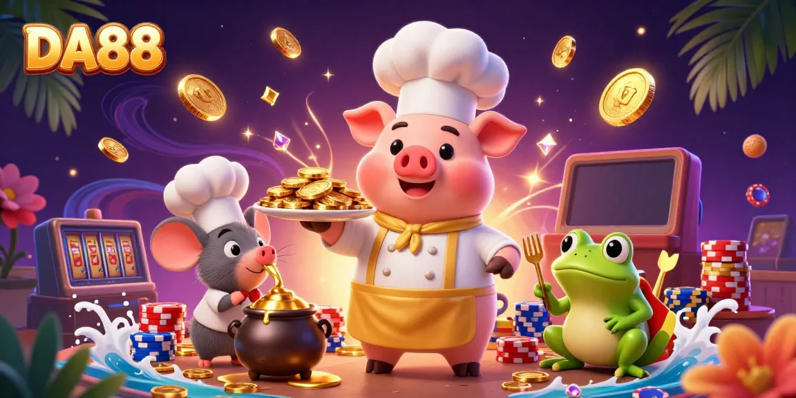 Engaging illustration of DA88's pig chef serving gold coins at a vibrant digital casino.