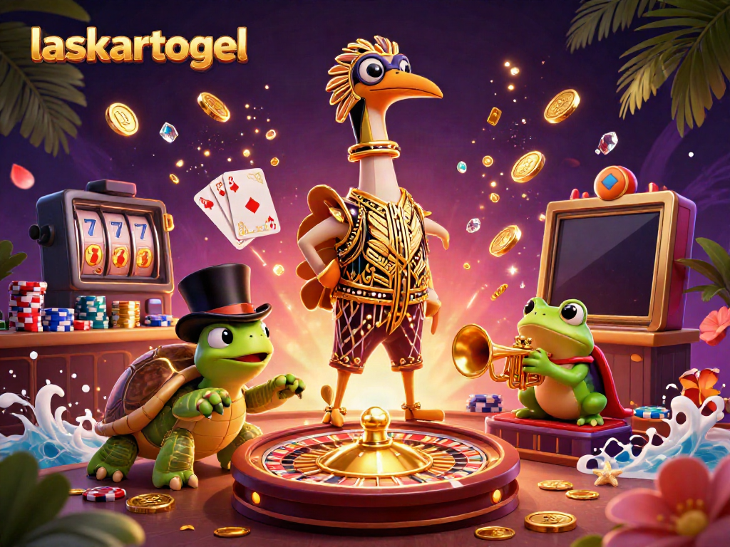 Experience the excitement of laskartogel with a lively 3D scene featuring dynamic casino characters, coins, and gaming elements.
