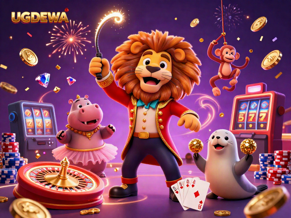 Join the thrilling fun at UGDEWA with animated characters in a vibrant casino scene full of action and bonuses.